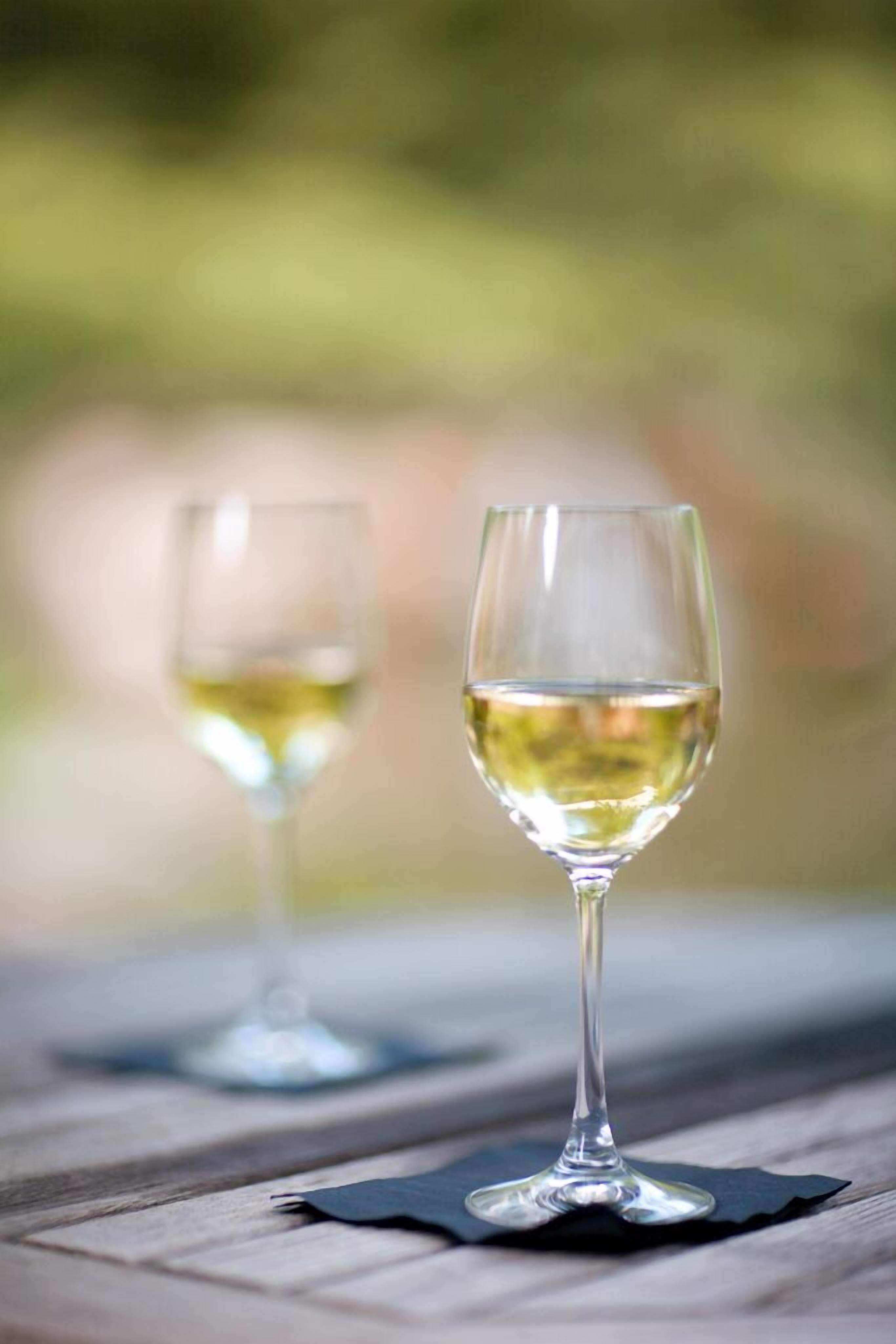 Two wine glasses on a wooden surface with a blurred natural background.