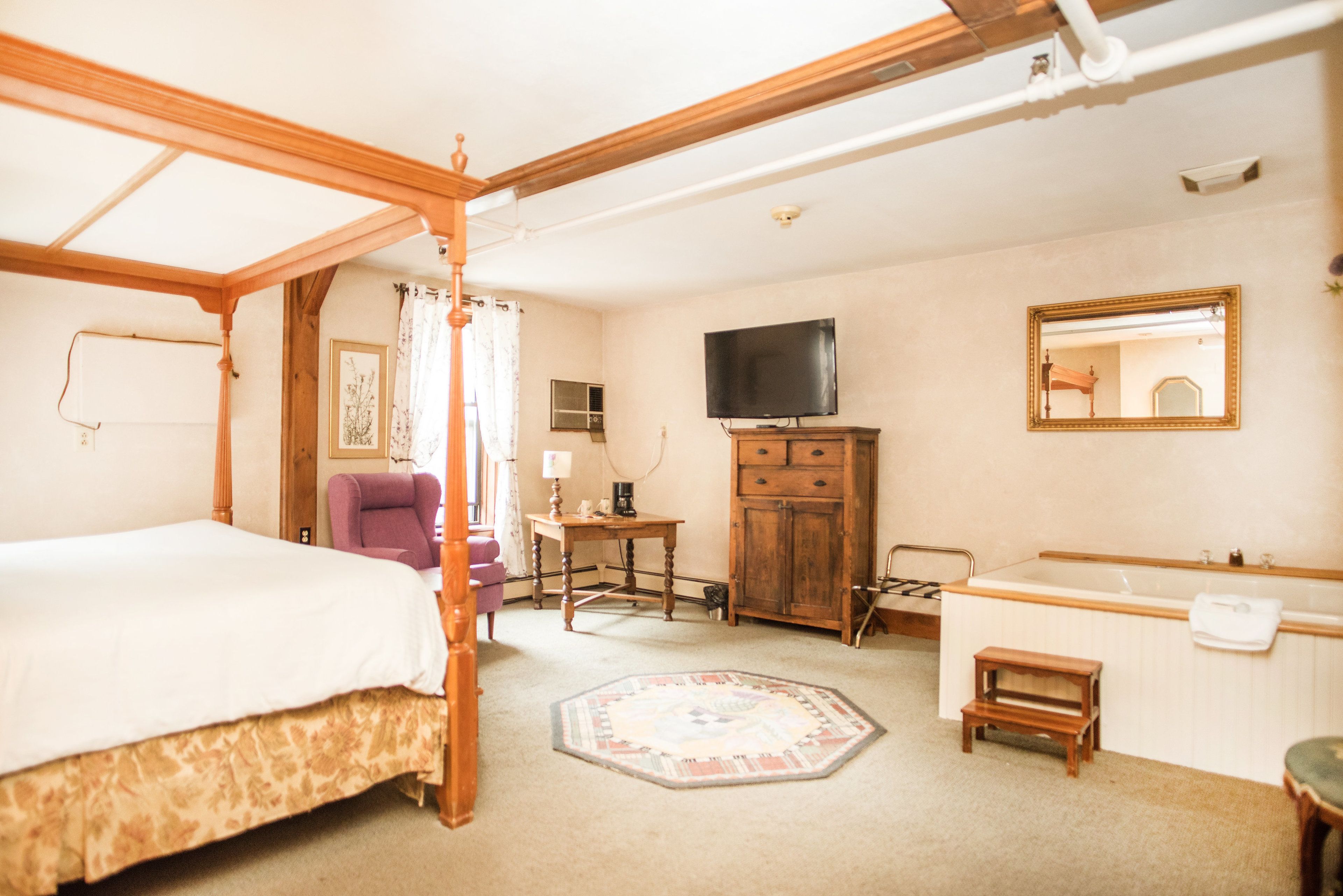 Un dormitorio con cama con dosel, un armario de madera, un televisor, un espejo y un baño con bañera y lavabo.