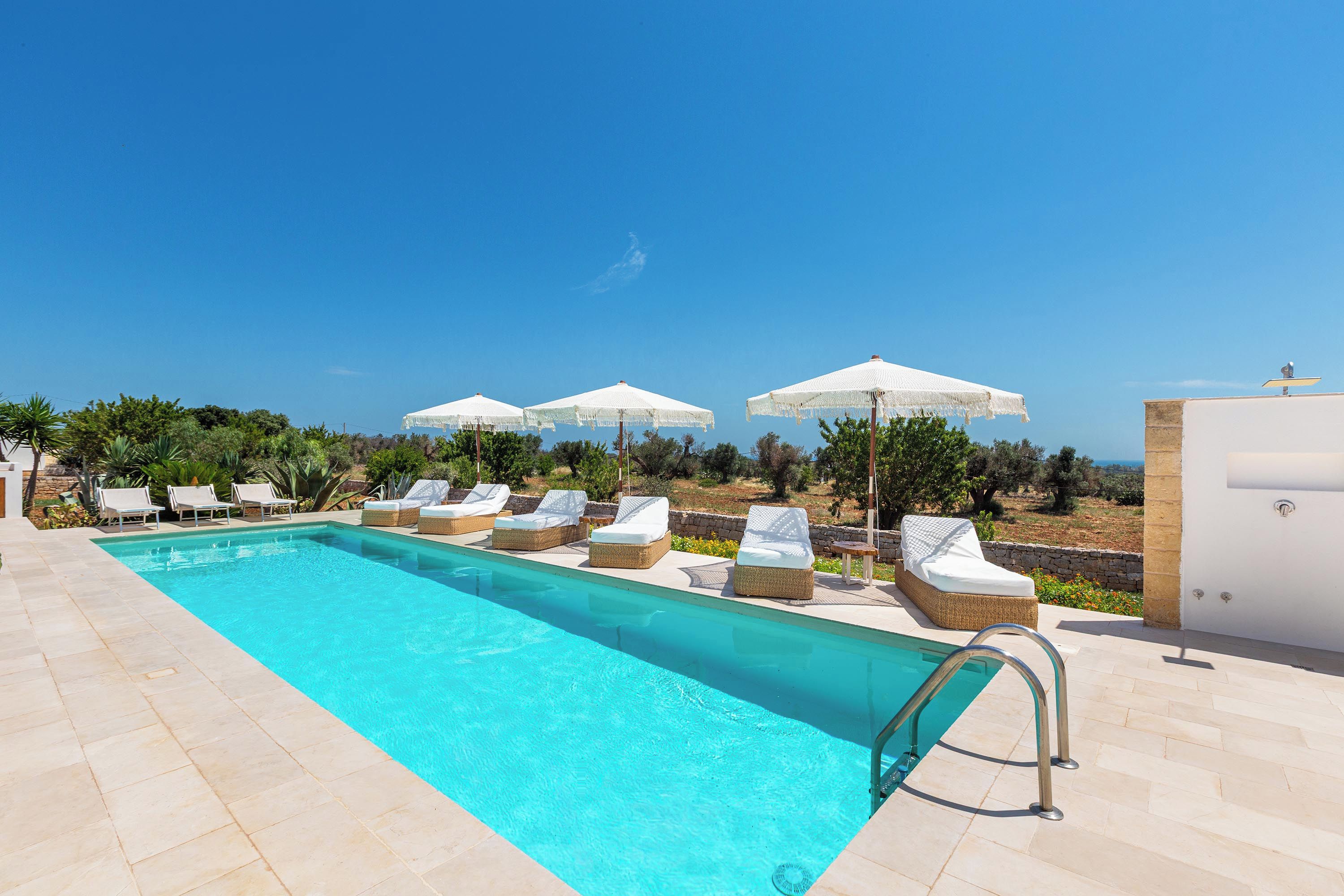 A swimming pool with lounge chairs and umbrellas, surrounded by greenery and a clear sky.