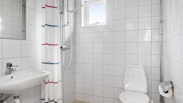Une salle de bain avec un lavabo blanc, des toilettes et un espace douche.
