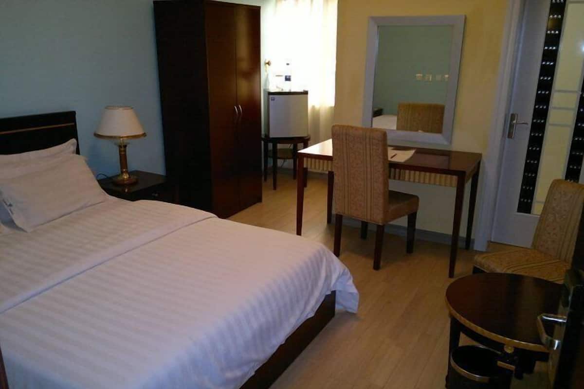 Une chambre d’hôtel équipée d’un lit, d’un bureau, d’une chaise, d’un miroir et d’une poubelle.