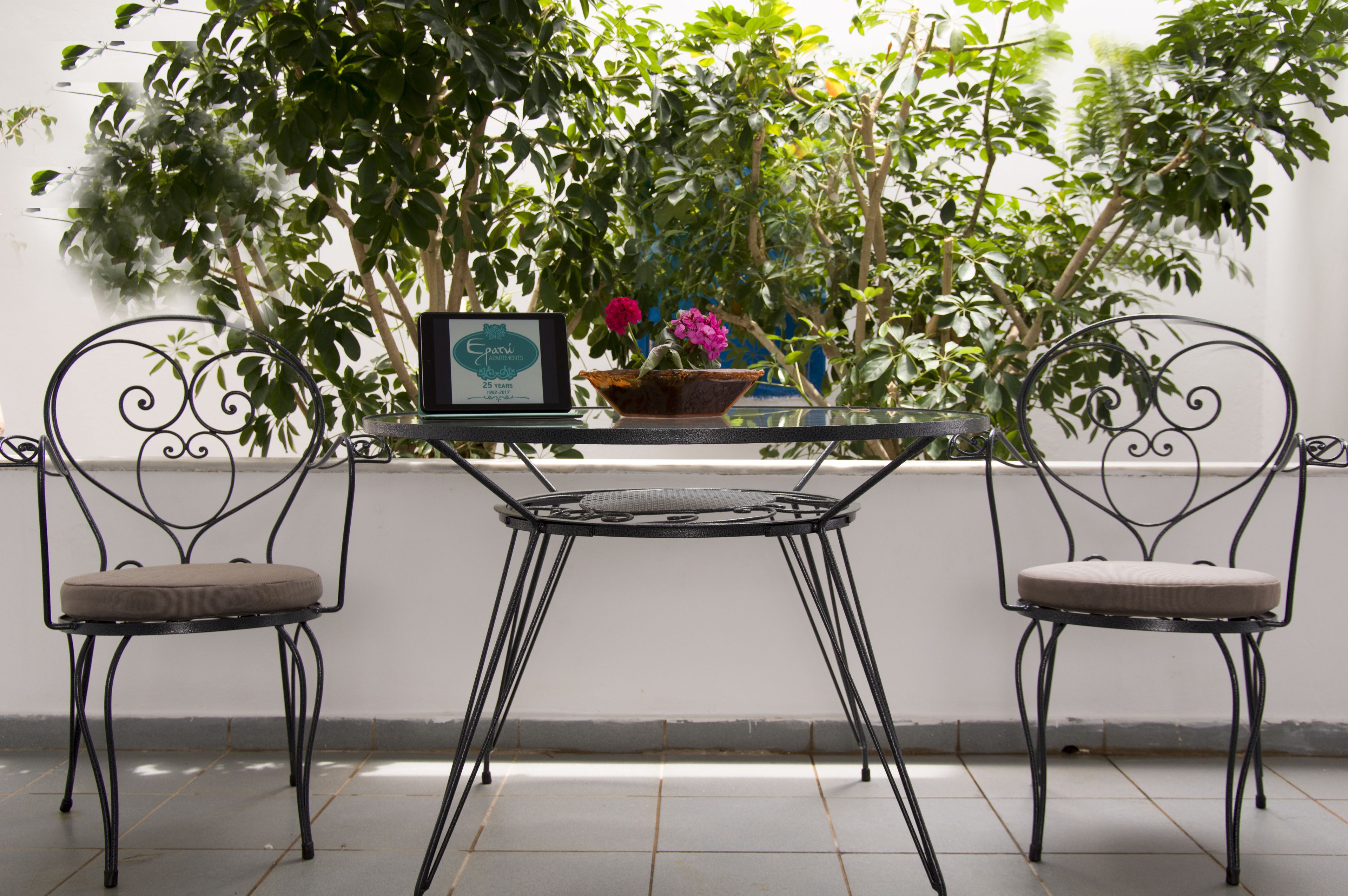 Een glazen tafel met een ingelijst certificaat, twee comfortabele stoelen en een potplant met bloemen.