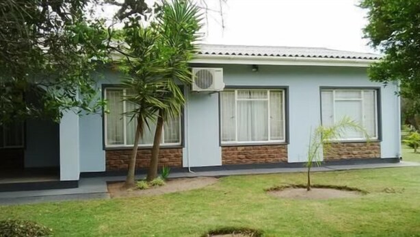 A single-story house with a flat roof, a brick foundation, and a small front yard with a palm tree and a young tree. - Holiday House Sedgefield (Sedgefield)