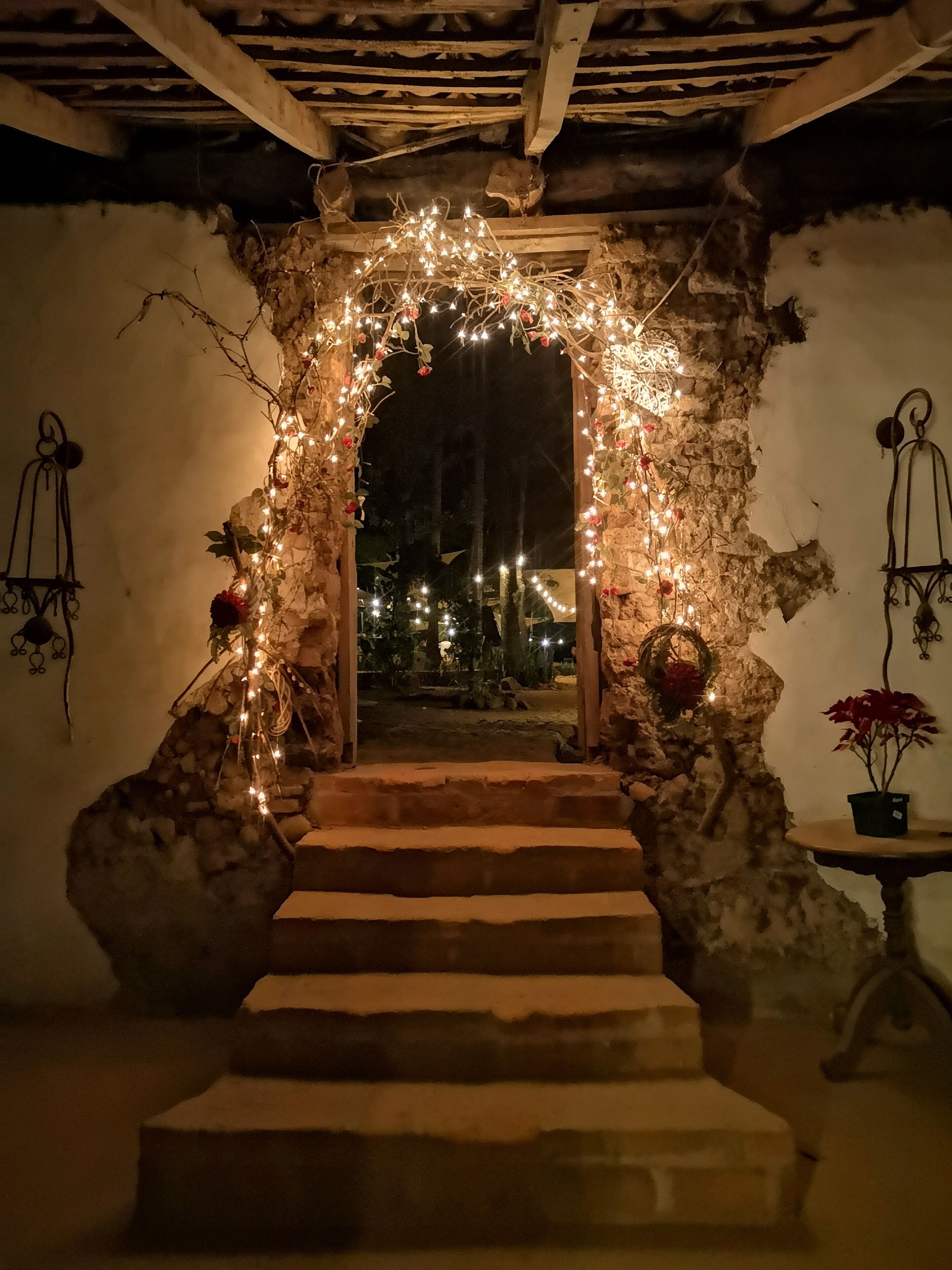 Un escalier en pierre menant à une porte décorée de guirlandes lumineuses et de fleurs.