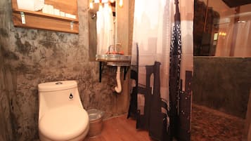 Hair dryer, towels, soap, shampoo
