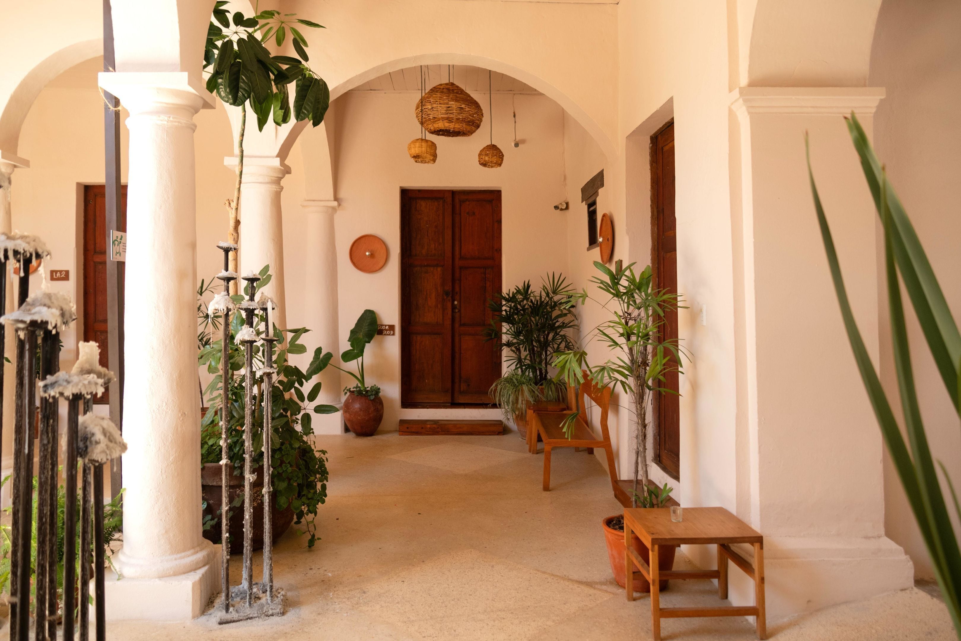 A hallway with white columns, wooden doors, and potted plants.