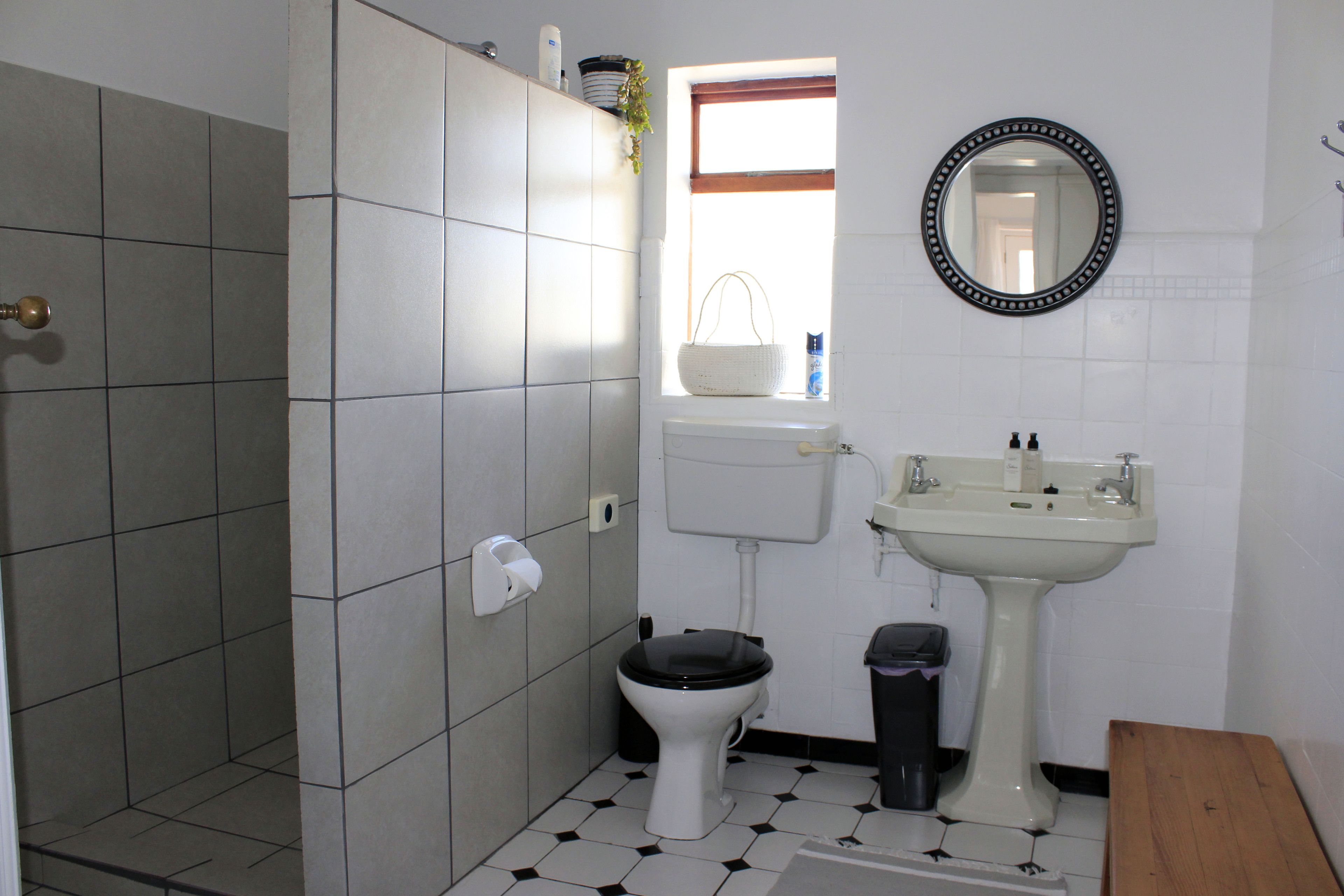 A bathroom with a toilet, sink, and mirror.