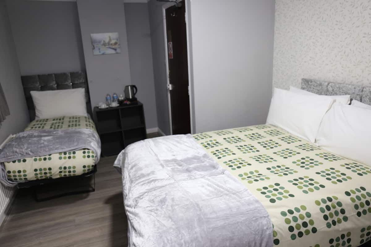 A hotel room with two beds, one with a polka dot and green pattern bedspread and the other with a white and gray patterned bedspread. There is a small nightstand with a lamp and a picture frame on the wall.