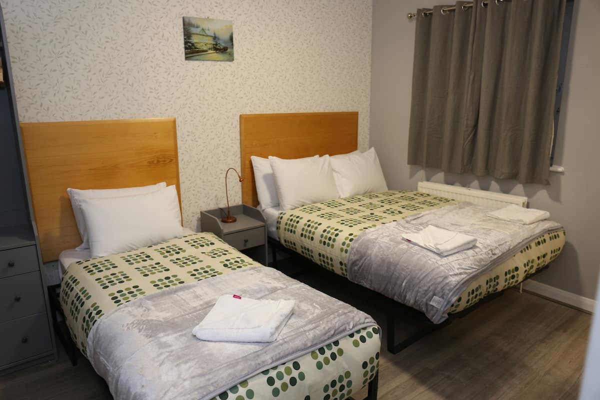 A hotel room with two beds, each with a wooden headboard, white pillows, and green patterned bedding. There is a small bedside table with a lamp and a nightstand with a drawer.