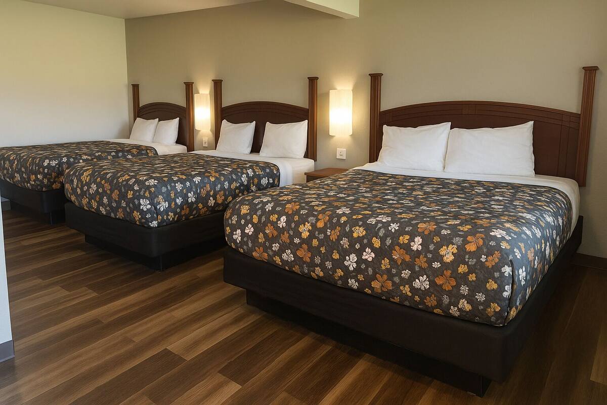 A hotel room with two beds, each with a floral-patterned bedspread and white pillows.