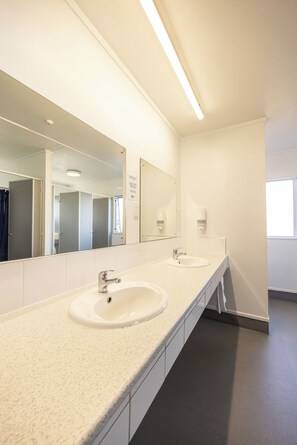 Bathroom features two sinks and a large mirror above.