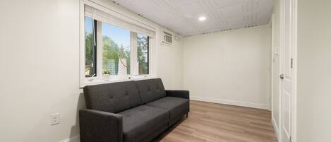 Une pièce avec un canapé gris, une fenêtre avec des stores, un plafond blanc et un plancher en bois.