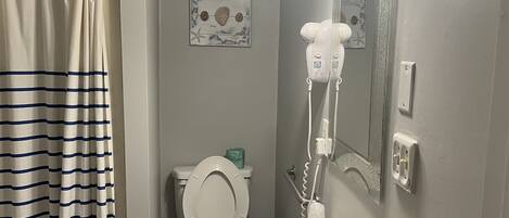 A bathroom with a toilet, sink, and shower curtain.