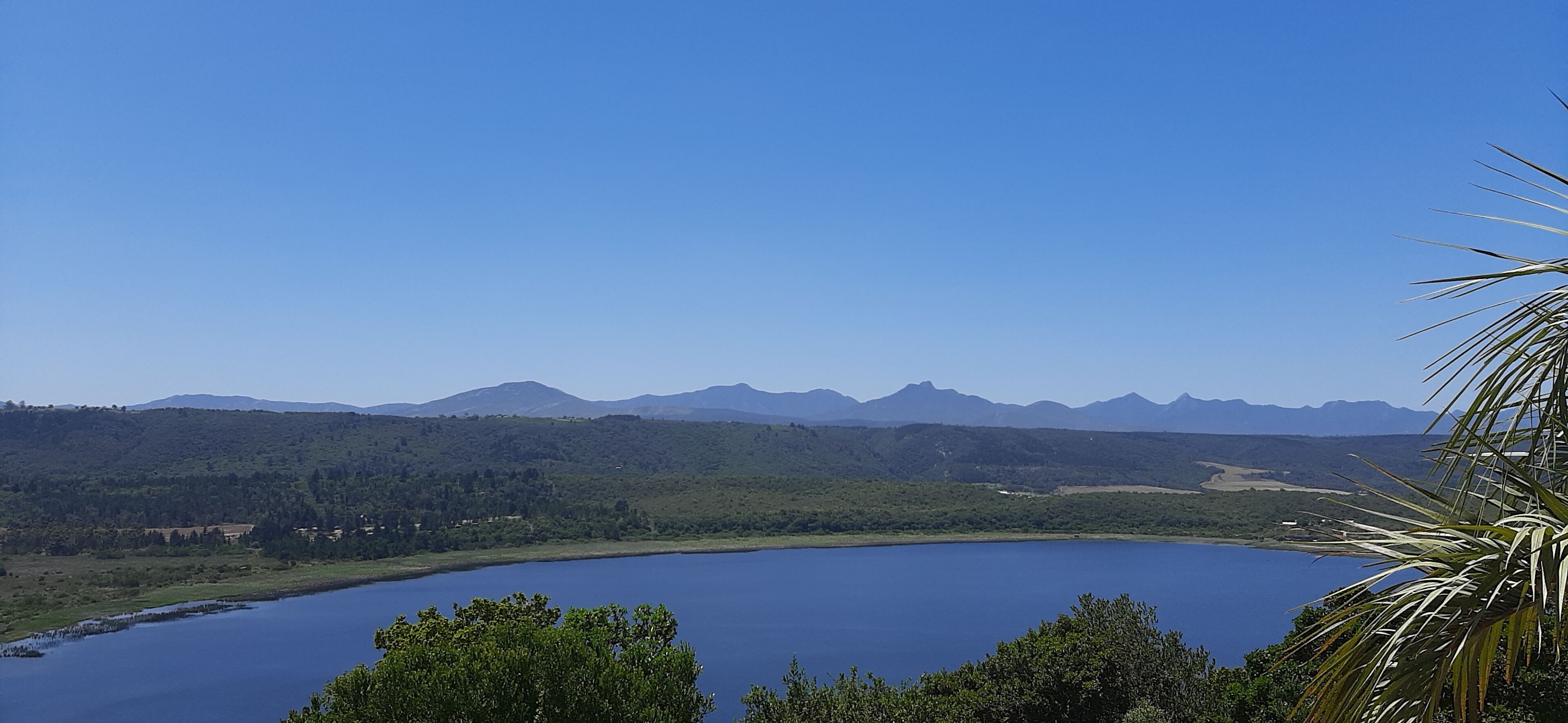 A lake surrounded by mountains and greenery.