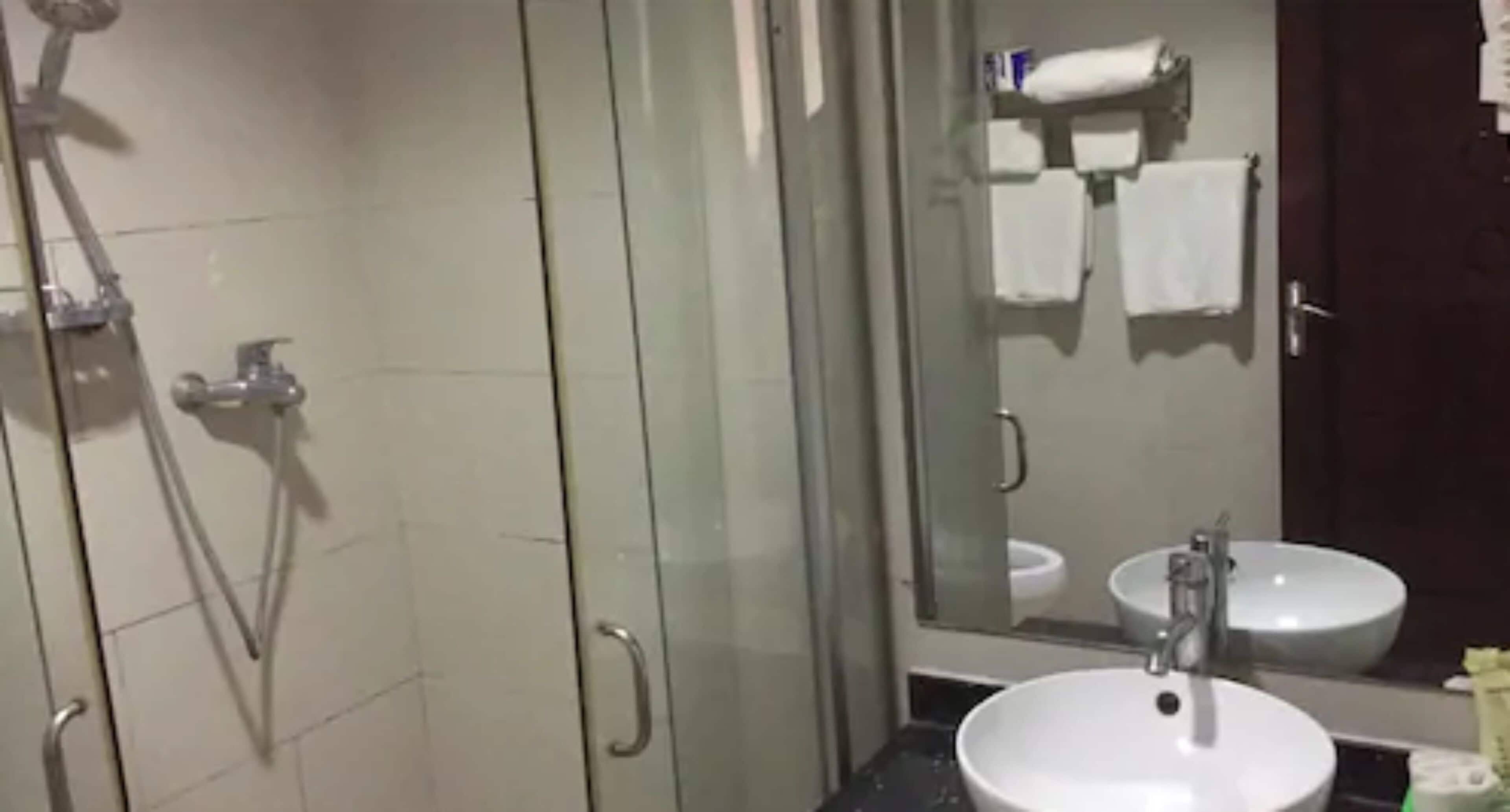 A bathroom with a glass-enclosed shower, a sink, and a mirror reflecting a toilet and towel rack.