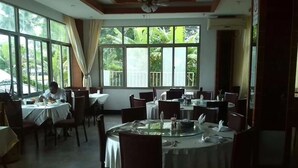 Un restaurant amb taules i cadires rodones, grans finestres amb cortines, i una persona menjant.
