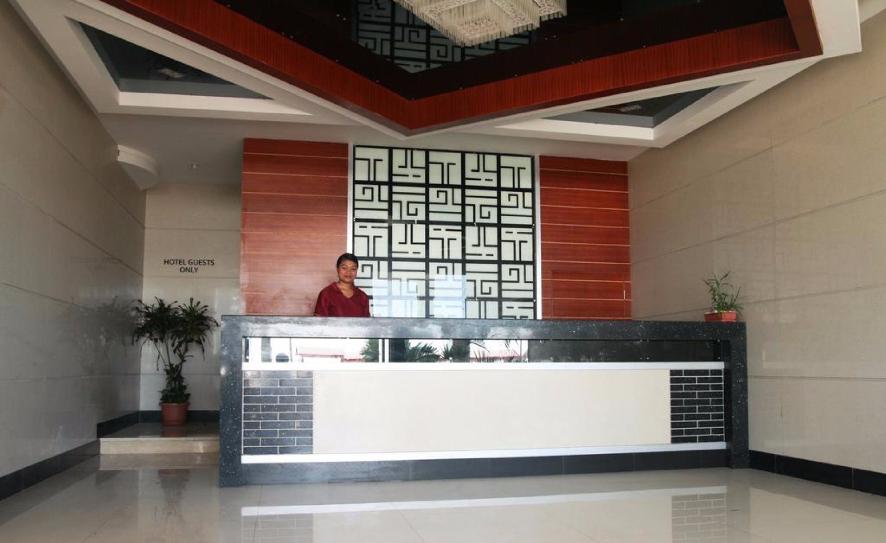 Zona de recepción de hotel con diseño moderno, que incluye un mostrador de recepción, una pared decorativa con patrones geométricos y un techo de diseño único.