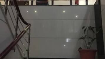 Una escalera con barandilla, una planta en maceta y un extintor en la plataforma.
