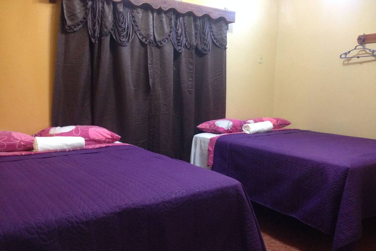 Two single beds with purple bedding and pink pillows, a dark curtain, and a wooden hanger on the wall.