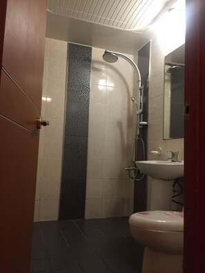 Shower, hair dryer, bathrobes, slippers