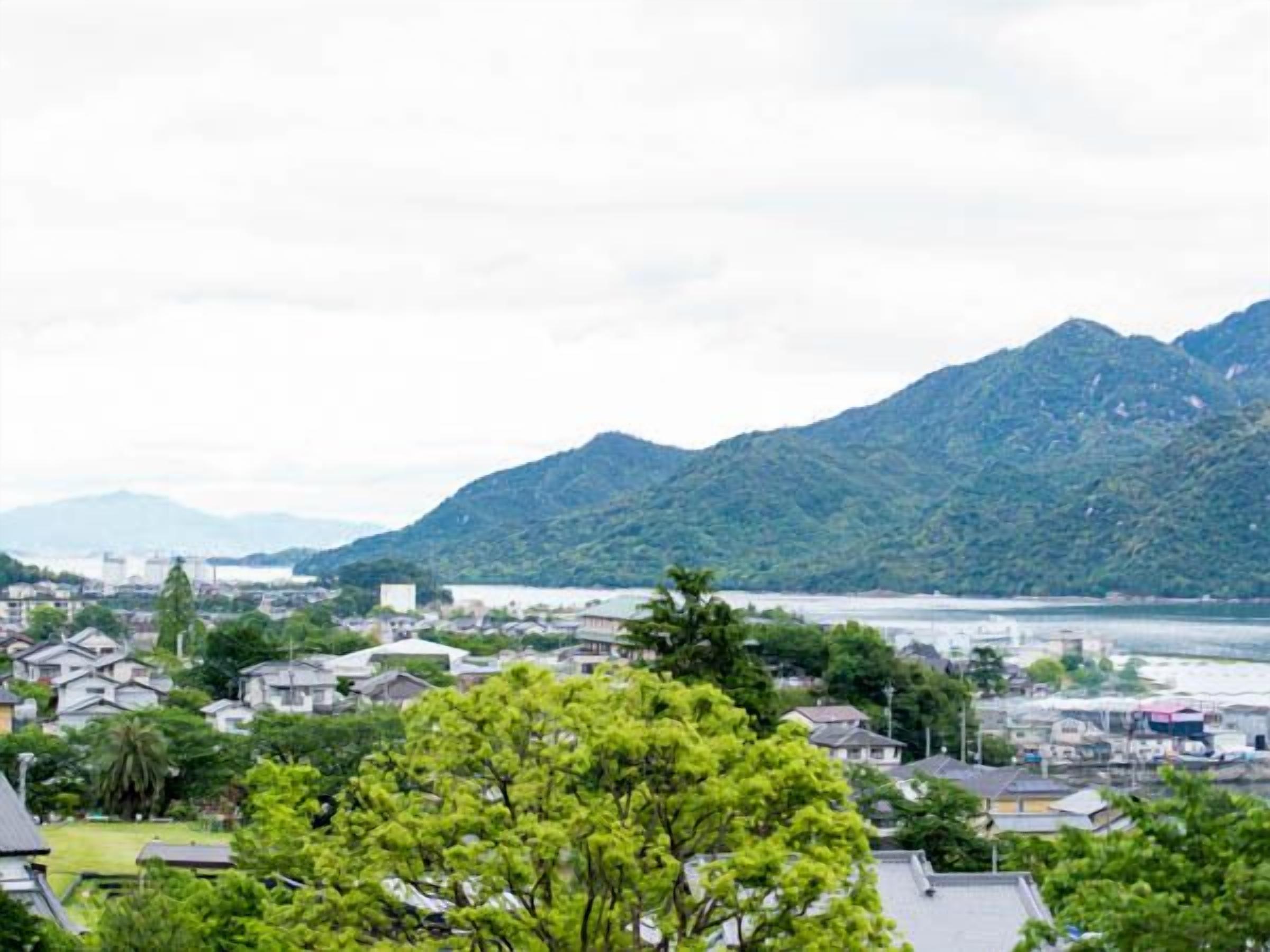 A residential area with houses, a body of water, and mountains in the background.