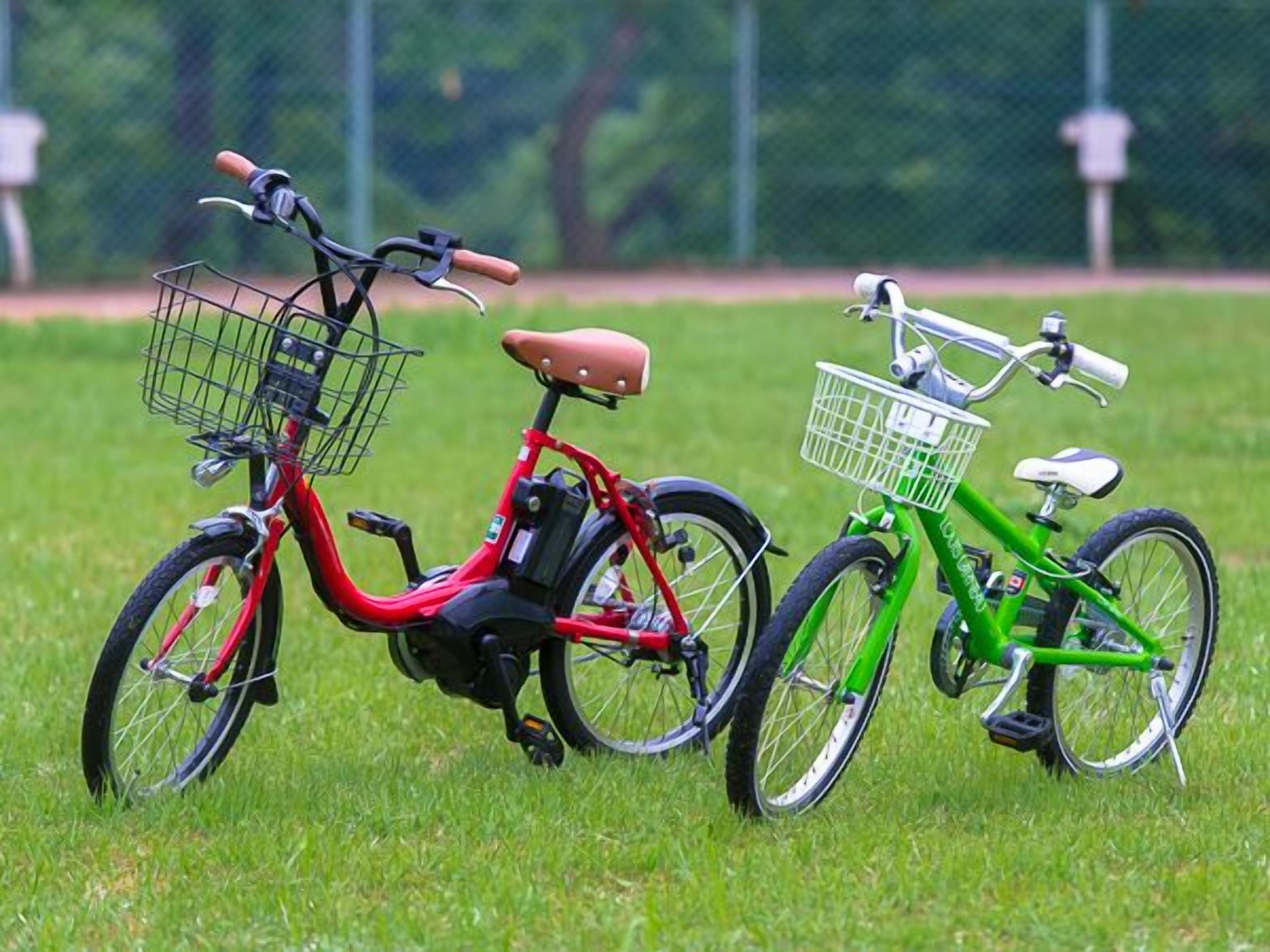 Two bicycles parked on grass with baskets, one red and one green.