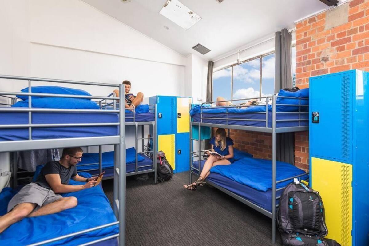 A dormitory room with bunk beds, a brick wall, and a large window.
