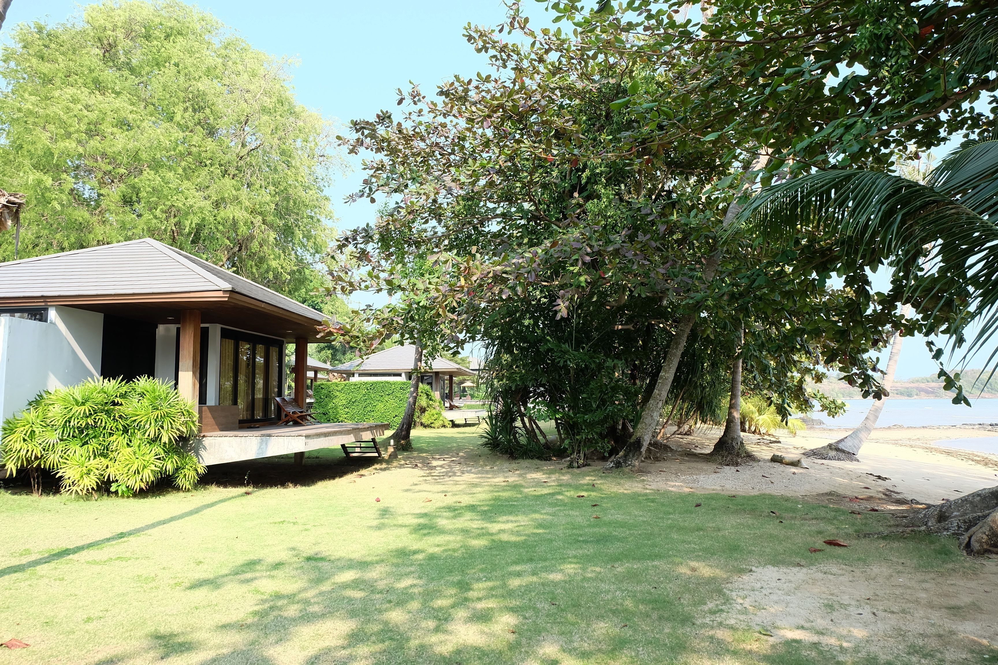 A house with a porch, a lawn, and a view of the beach.
