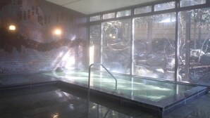 A hot spring area with a glass railing, stone steps, and a view of the outdoors. - Hotel Seikoen (Nikko)