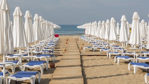 A beach with rows of white umbrellas and blue lounge chairs. - Dream World Aqua Hotel - All Inclusive (Manavgat)