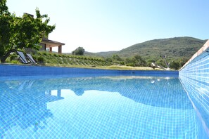 室外游泳池，池畔遮阳伞，日光浴躺椅