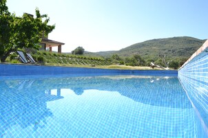 Una piscina al aire libre, sombrillas, tumbonas