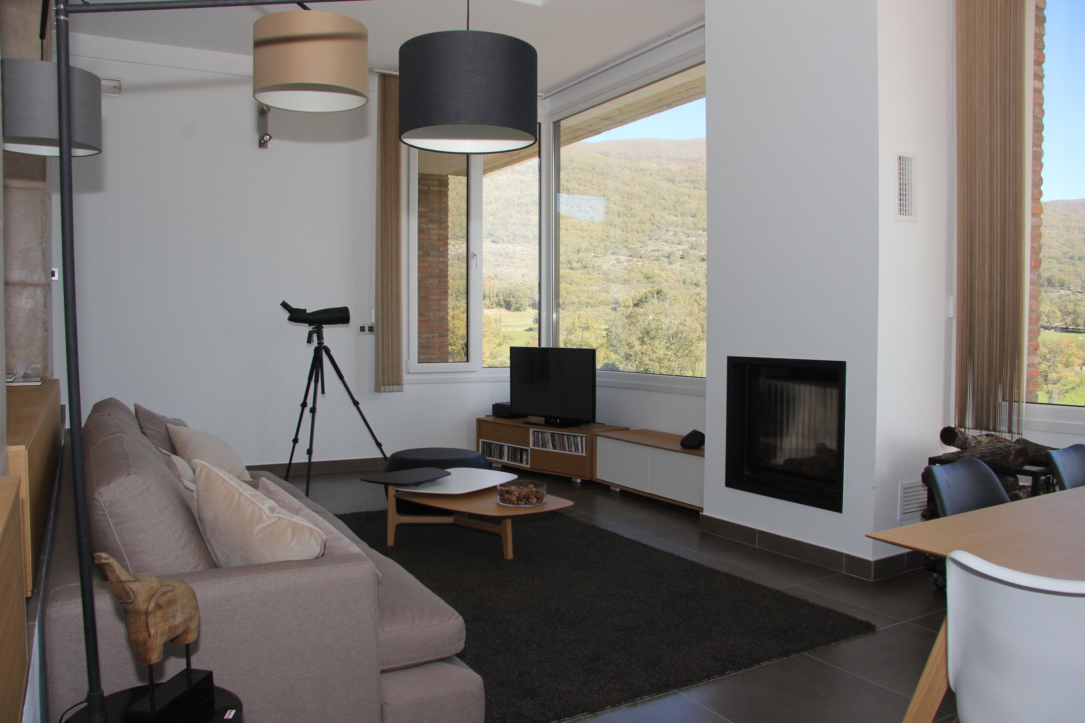 A modern living room with a sofa, a coffee table, a television, and a fireplace.