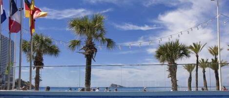 Outdoor pool, pool umbrellas, pool loungers