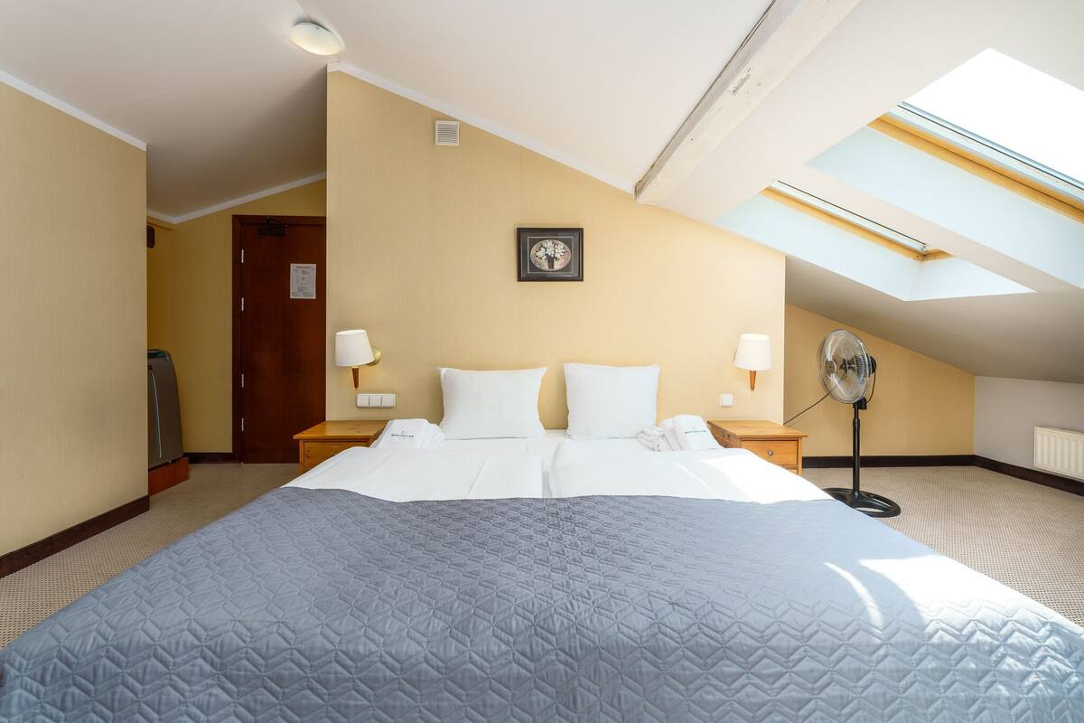 A hotel room with a large bed, a ceiling fan, and a skylight.