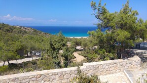 Une vue sur la côte, avec un mur de pierres, des pins et une mer bleue et limpide.
