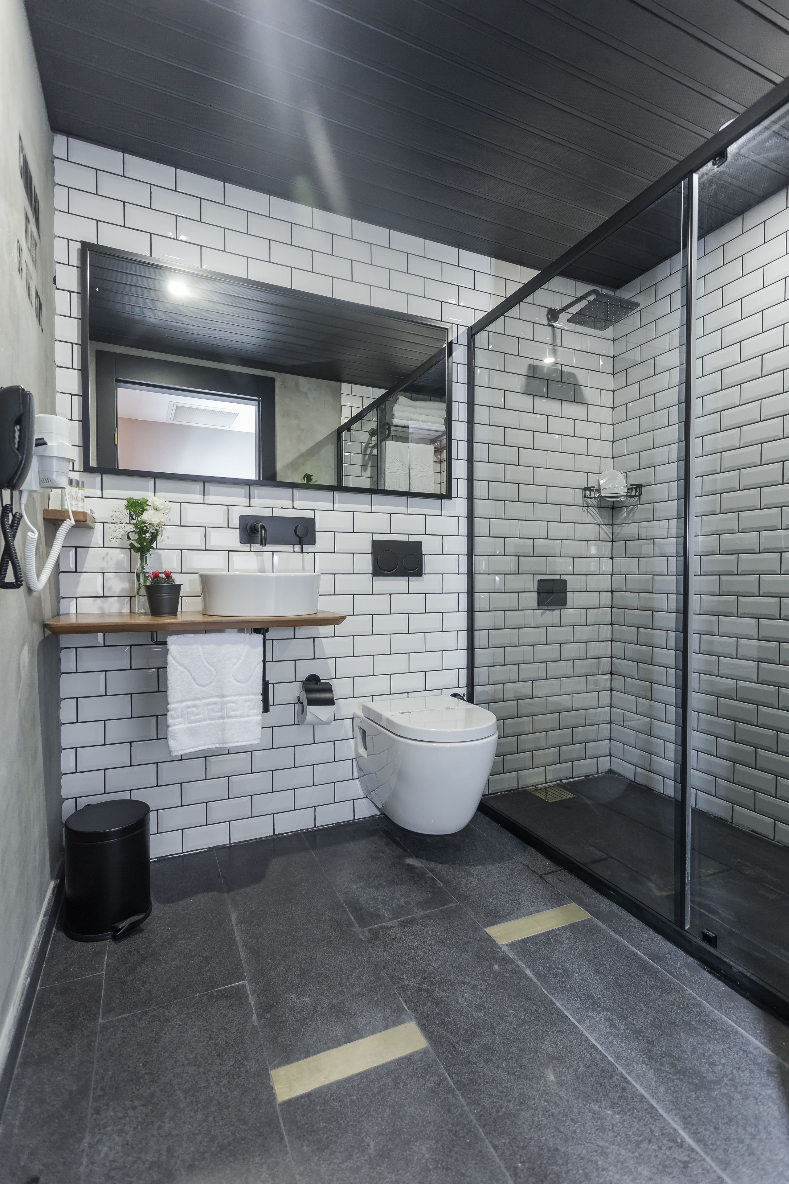Shower, rainfall showerhead, hair dryer, slippers