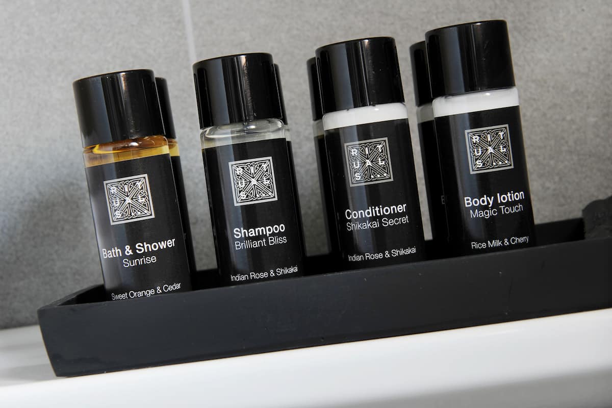 free toiletries, hair dryer, towels