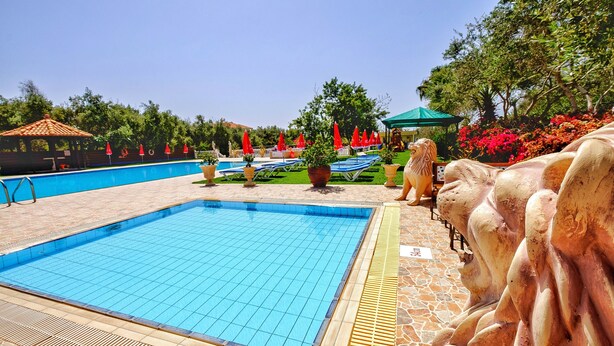 A swimming pool with a tiled deck, surrounded by lounge chairs and umbrellas, and a decorative lion statue. - Hadjios Valley (Mazotos)