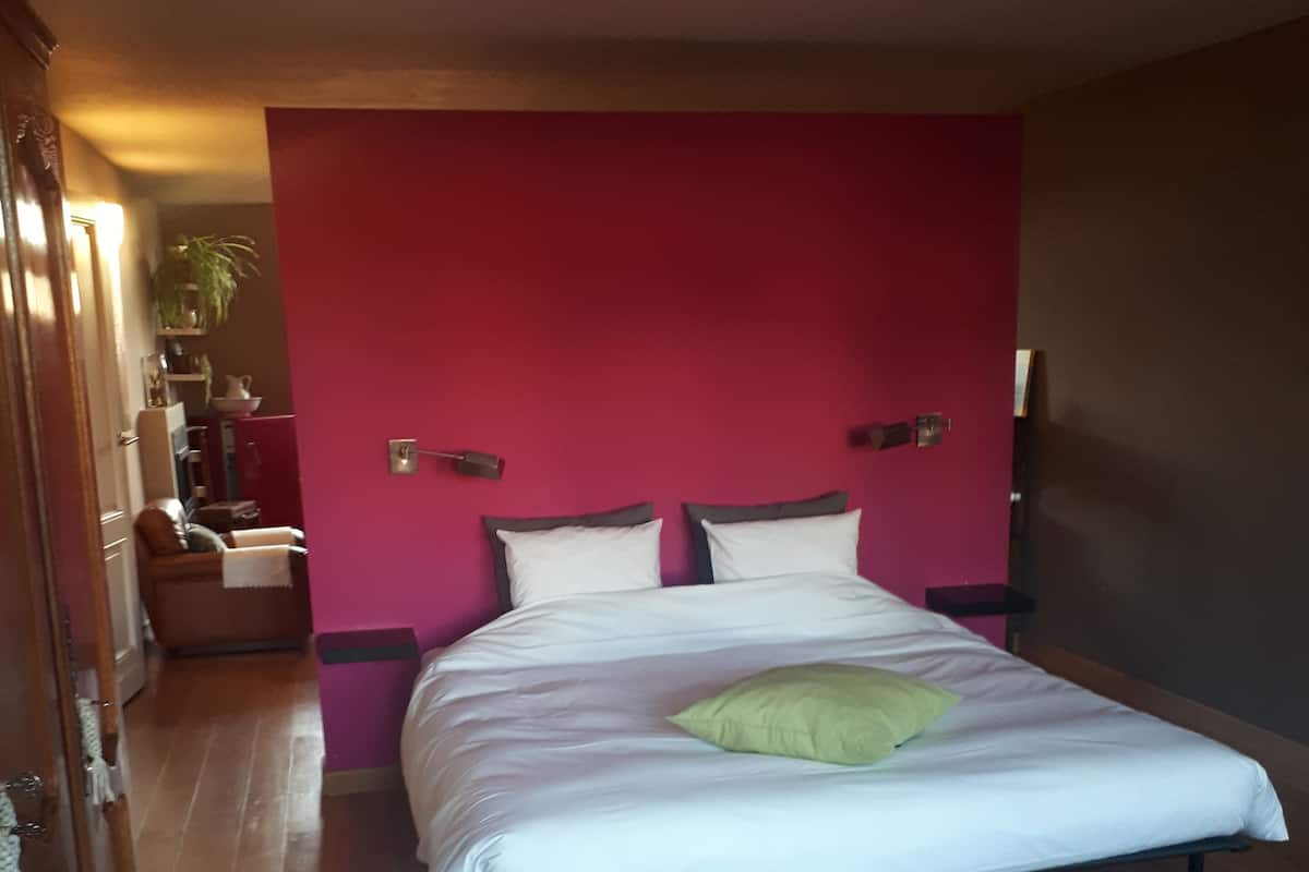 Quarto com cama, parede vermelha, piso de madeira e tapete estampado.