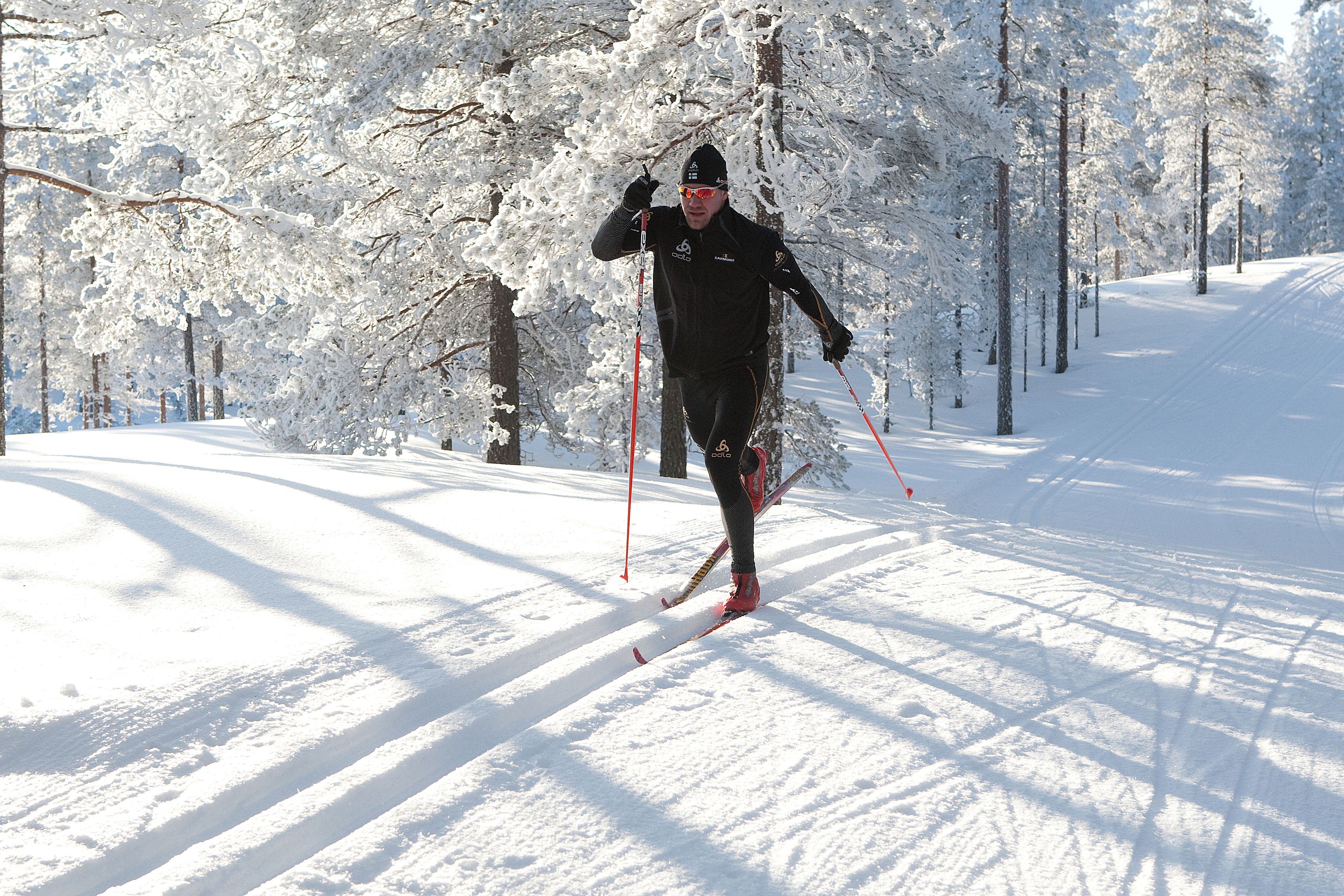 Een persoon skiënd op een sneeuwbedekte pad, met bomen aan beide zijden.