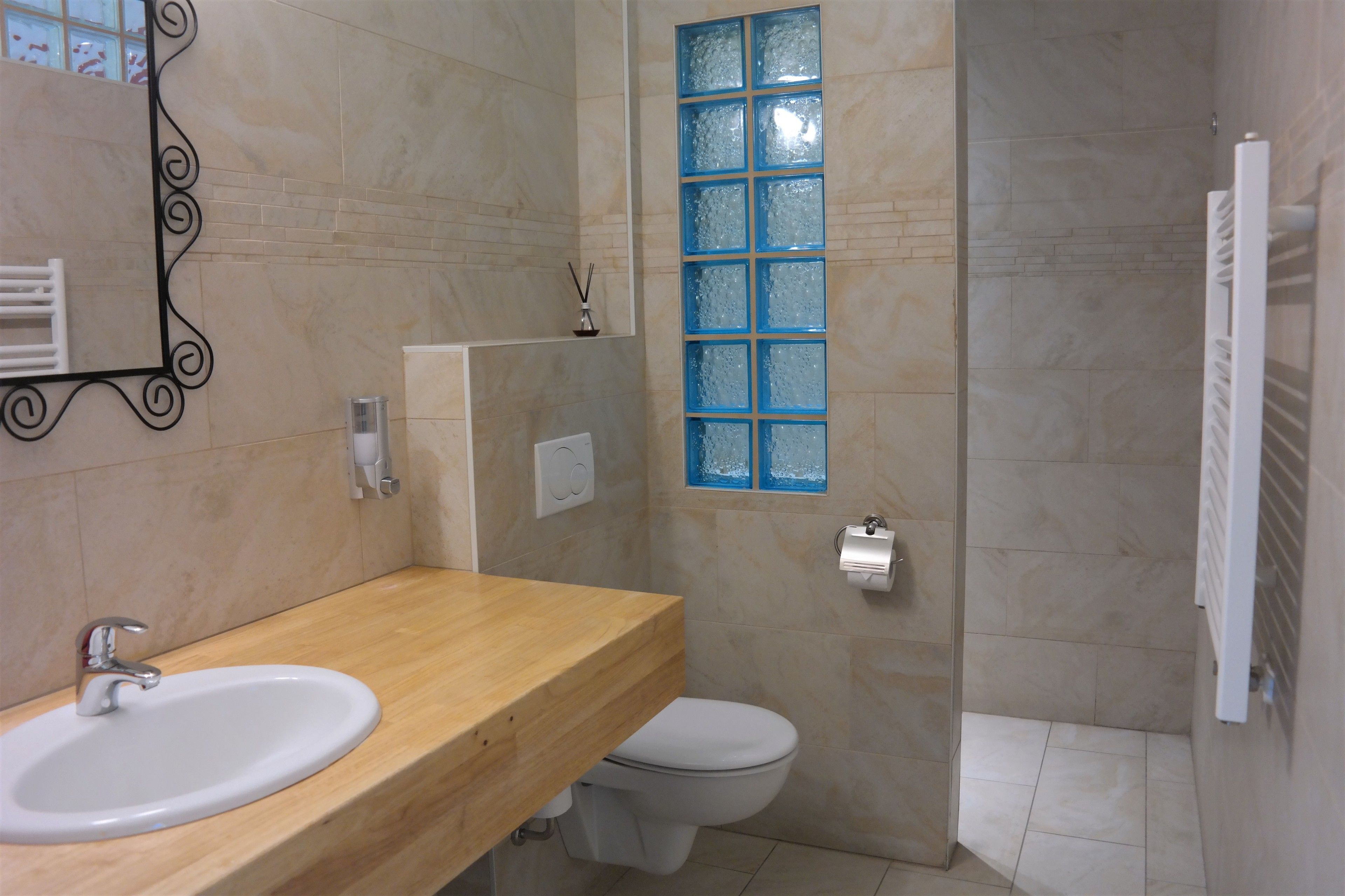 Shower, hair dryer, towels