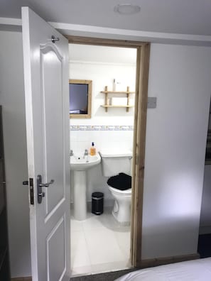 A compact bathroom with a toilet, sink, and a small mirror. - Barton Gate Farm Guesthouse (Holsworthy)