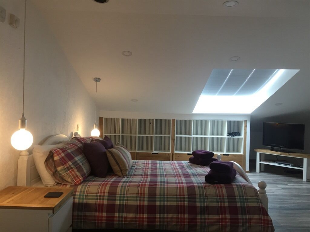 A modern bedroom with a bed, bedside tables, a TV, and a skylight.