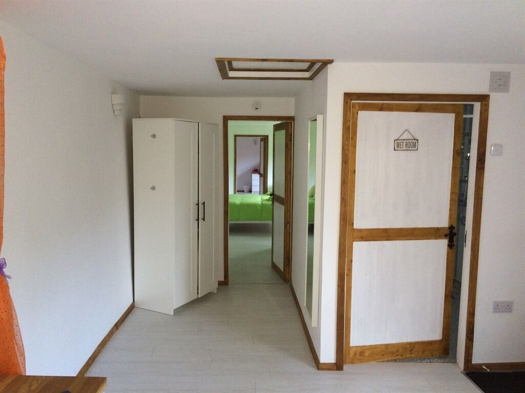 A narrow hallway with a white door labeled "WET ROOM" on the right, a mirrored closet on the left, and a green room in the background.