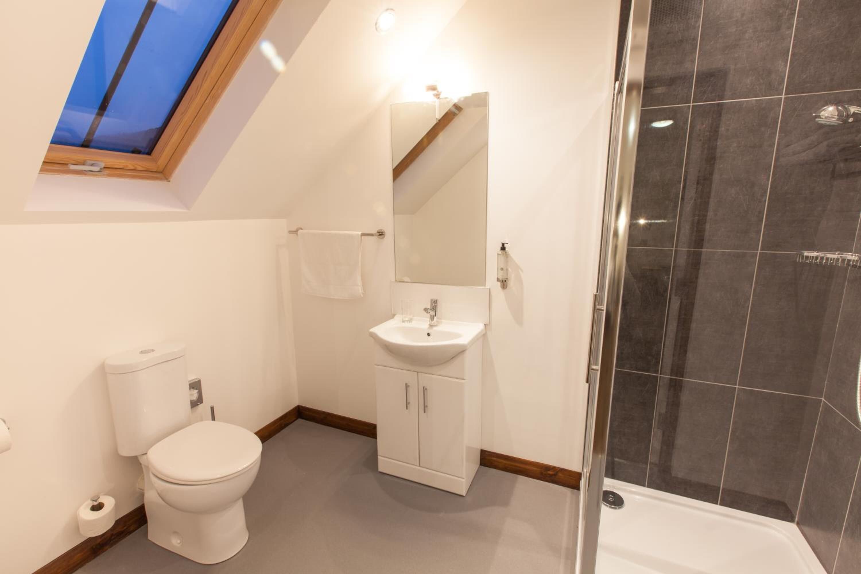 Un baño moderno con tragaluz, inodoro, lavabo, espejo y zona de ducha.