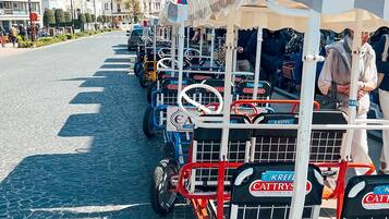A cobblestone street lined with horse-drawn carriages.