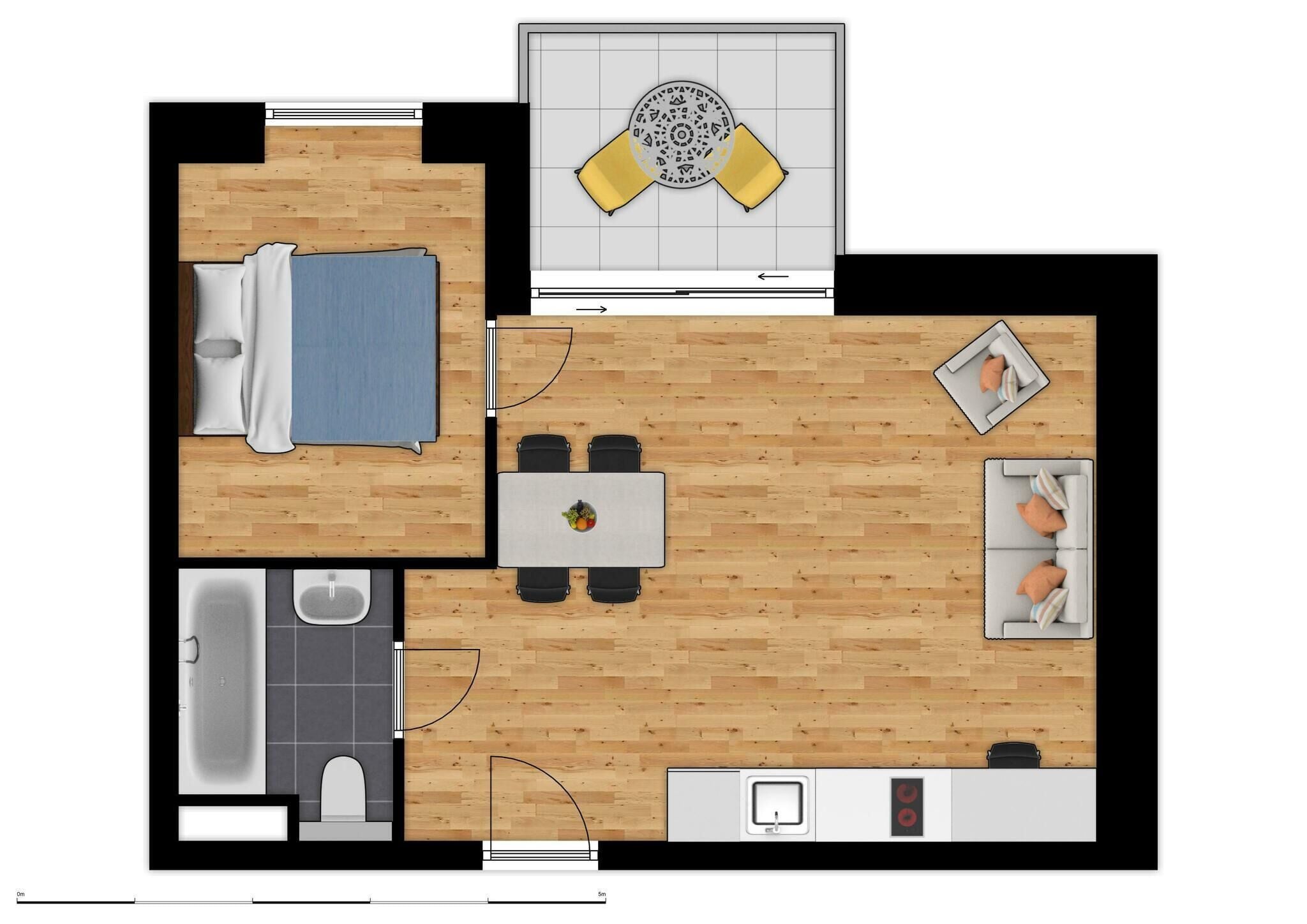 A 5m x 5m room with a bed, a small table with chairs, a sofa, a kitchen area with a sink and stove, and a bathroom.