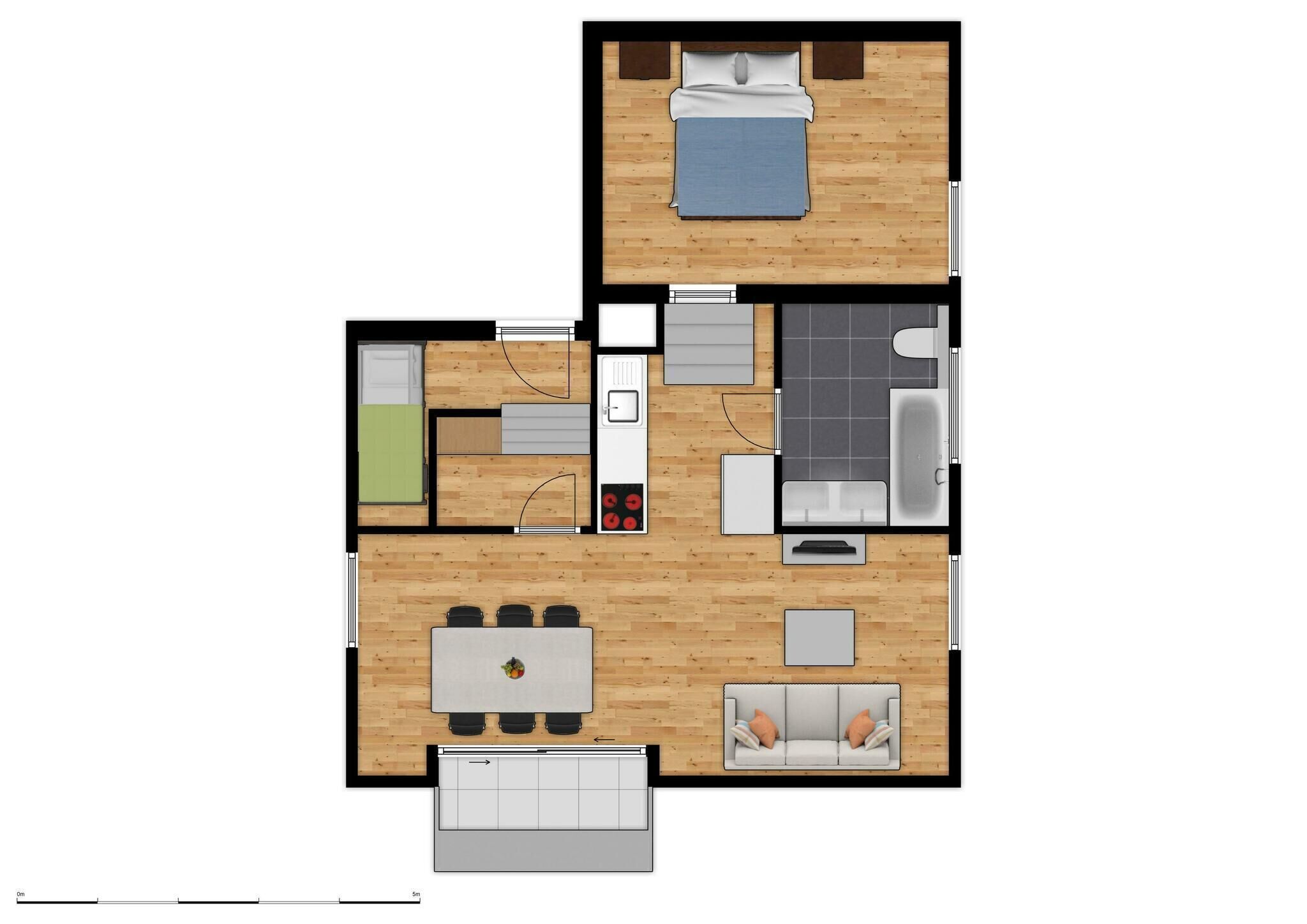 A 2-bedroom apartment layout with a kitchen, dining area, and a living room.