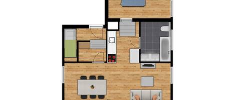 A 2-bedroom apartment layout with a kitchen, dining area, and a living room.